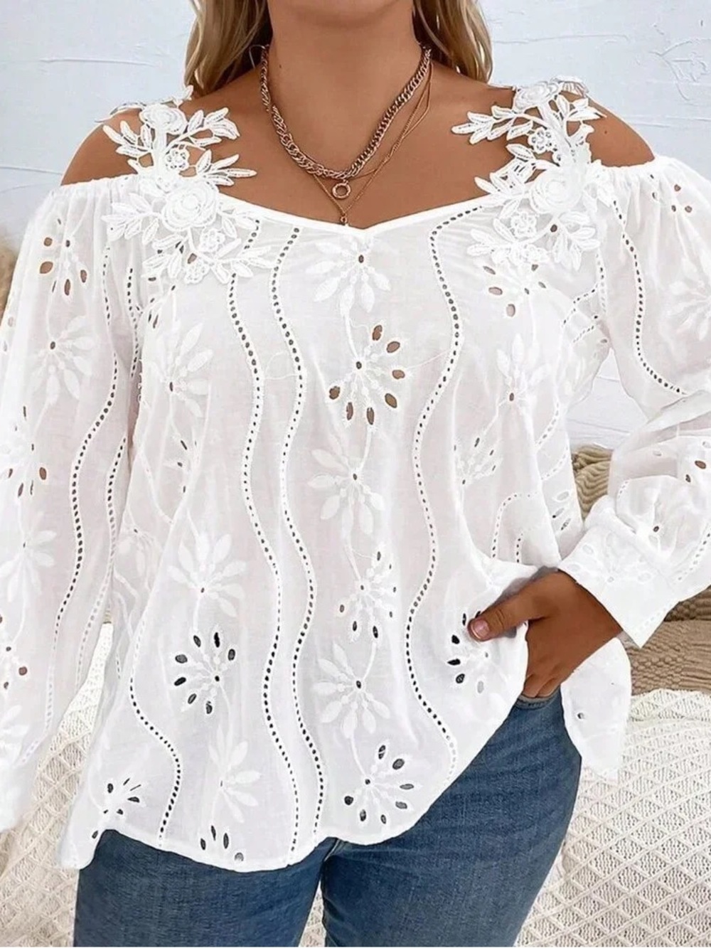 White Cold-Shoulder Eyelet Lace Blouse